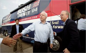 Mr. Rove with Senator John McCain, a bitter Bush rival in the 2000 campaign for the Republican presidential nomination who went on to campaign for the Bush-Cheney ticket in 2004.
