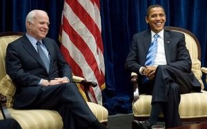 US President-elect Barack Obama meets with former Republican presidential candidate Arizona Senator John McCain at Obama's transition offices in Chicago. Obama extended a bipartisan olive branch by meeting his vanquished Republican rival John McCain Monday, but a cabinet job was not expected to be on offer