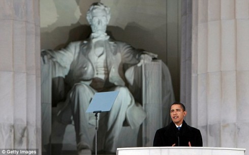 Barack Obama speaks in front of the Lincoln Memorial during the inaugural celebration